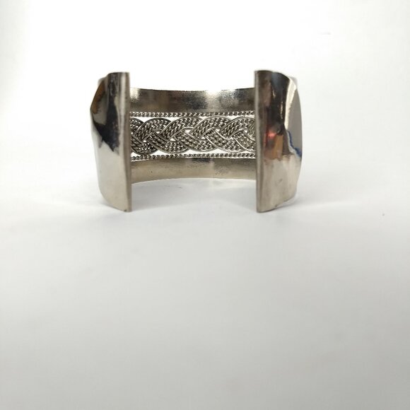 Silver Tone Braided Cuff Bracelet  Preppy Modern Western Stamped Mark Front - Picture 3 of 9